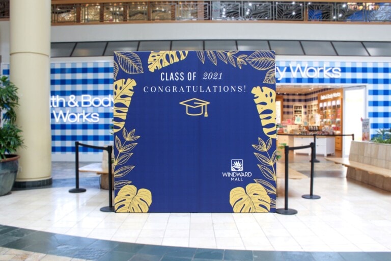 Class of 2021 display wall in front of bath and body works